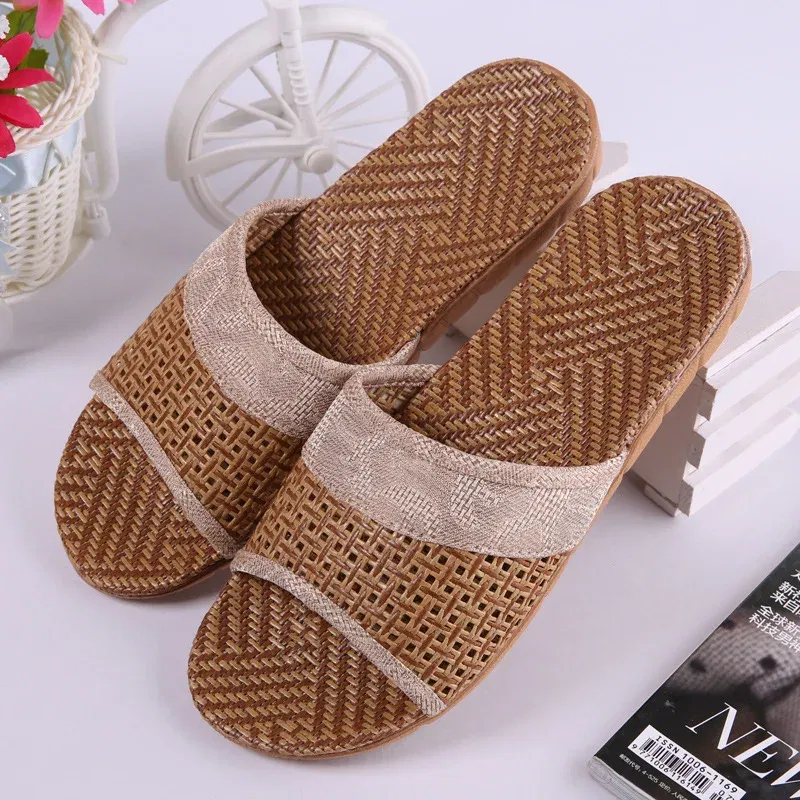 Color: Chocolate, Shoe Size: 41 - Mntrerm Summer Natural Bamboo Rattan Cane Grass Weaving Slippers Shoes Vine Grass Men Casual Slippers Non-slip Couples Slippers