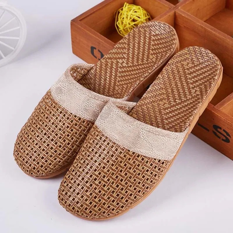 Color: Chocolate, Shoe Size: 41 - Mntrerm Summer Natural Bamboo Rattan Cane Grass Weaving Slippers Shoes Vine Grass Men Casual Slippers Non-slip Couples Slippers