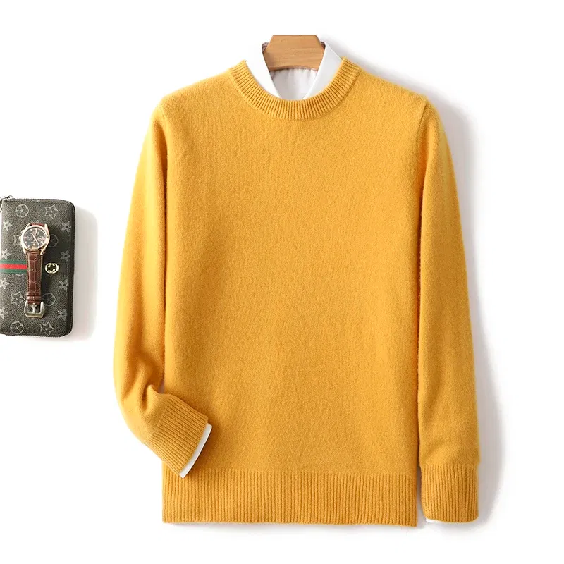 Color: Yellow, Size: XL, Ships From: CHINA - Men's 100% Pure Wool Cashmere Sweater O-Neck Pullover Knit Sweater Autumn and Winter New Long Sleeve High-End Jumpers Thick Tops