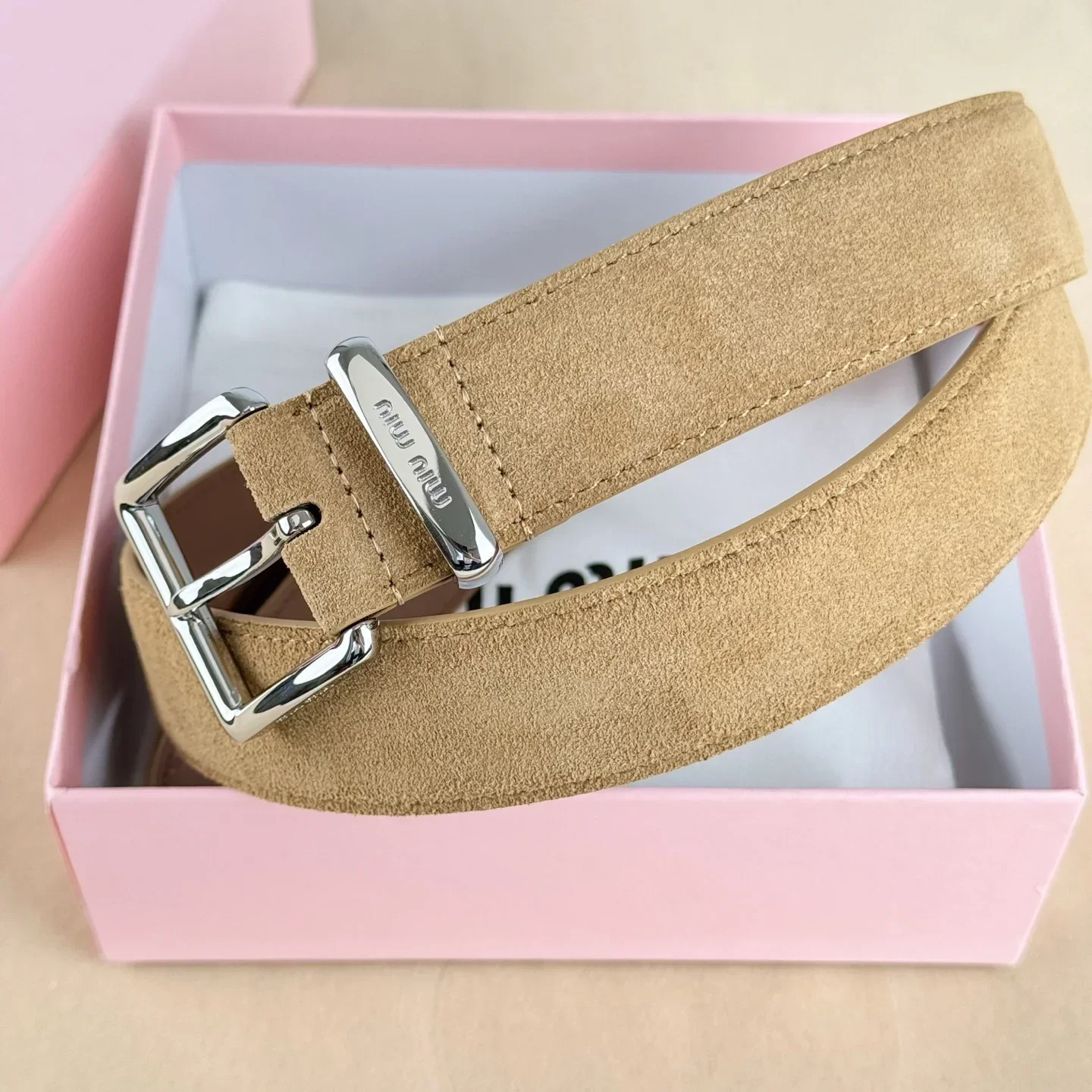 Color: WHITE, Belt Length: 115CM - High-end Gift Simple and Elegant Suede Handmade Belt Metal Buckle Fashion Belt MIU Series Trendy Women's Belt Suede Belt Luxury