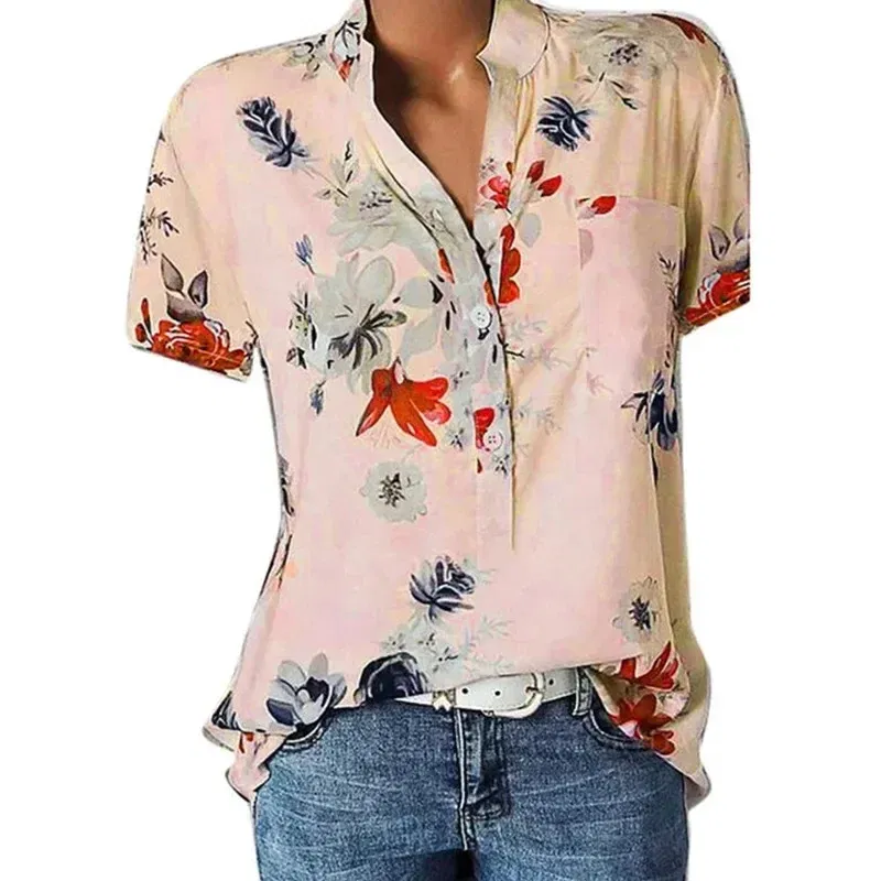 Color: Pink, Size: 4XL - Temperament new women's shirt printing large size casual shirt loose V-neck short-sleeved shirt blouse