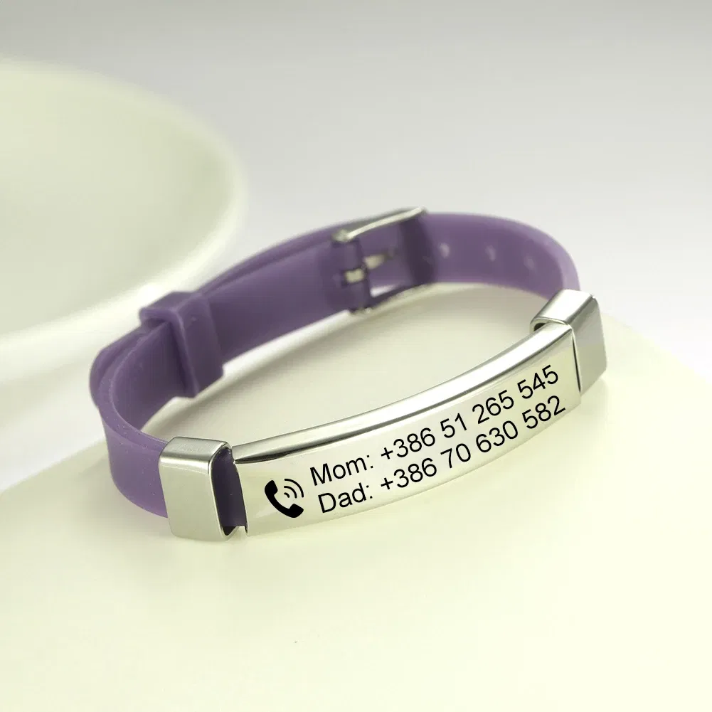 Metal Color: Pink, Length: 17cm - Personalized ID Bracelet Kids Children Adjustable Soft Silicone Stainless Steel Pendant Emergency Name Phone Custom Bracelets
