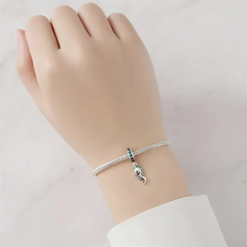 Color: Yellow - Fit Original Pandora Bracelet 925 Sterling Silver Seahorse Charms Beads Inlaid Zirconium Temperature Change Pendants Diy Jewelry