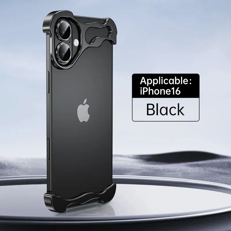 Color: Silver, Material: Denim - Aluminum Metal Rimless Phone Case for iPhone 16 15 14 Plus 13 12 Pro Max Lens Protective Film Hollow Logo Cooling Accessory Case