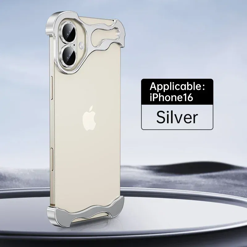 Color: Silver, Material: Denim - Aluminum Metal Rimless Phone Case for iPhone 16 15 14 Plus 13 12 Pro Max Lens Protective Film Hollow Logo Cooling Accessory Case