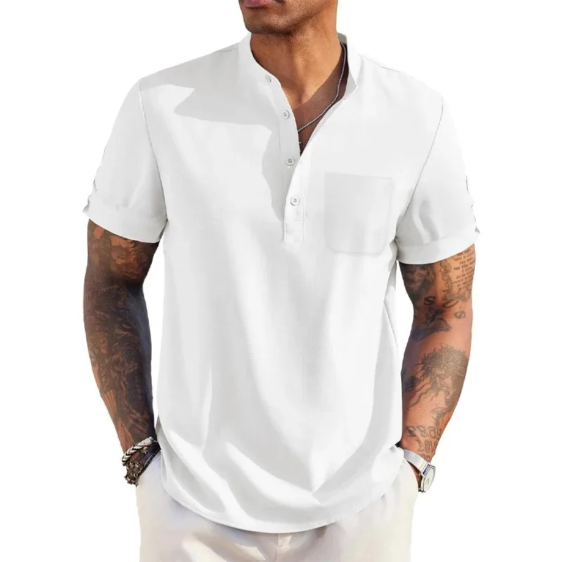 Color: green, Size: XXXL - Summer Men's Cotton Linen T-Shirt Henley Neck Pocket Casual Lightweight Breathable Beach Shirt Solid Color Basic Style Tops