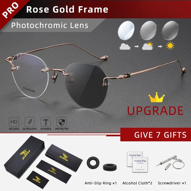 Frame Color: Red, Eye Prescription: +350 - BLMUSA Pure Titanium Rimless Anti-blue Light Reading Glasses for Men Round Photochromic Optical Prescription with MR-8 lens