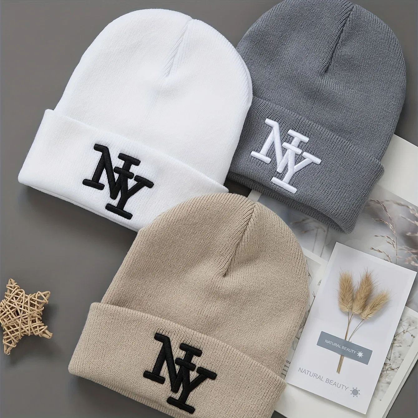 Color: Light  Blue - 1/2/3pcs Unisex Winter Beanie Hats, Solid Color Knitted Warm Outdoor Caps with Embroidered NY Logo, Hand Washable, Black