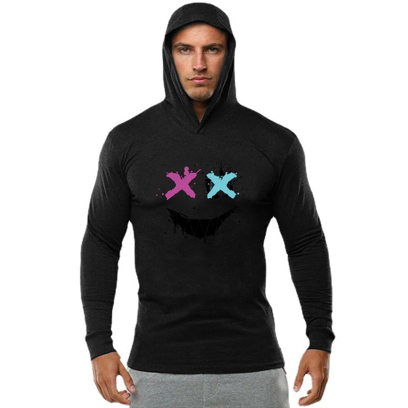 Color: Black, Size: M - Trendy Personality Funny XX Smile Face Hoodie Mens Slim Fit Running Long Sleeve Cotton Shirt Gym Training Fitness Hooded T-Shirt