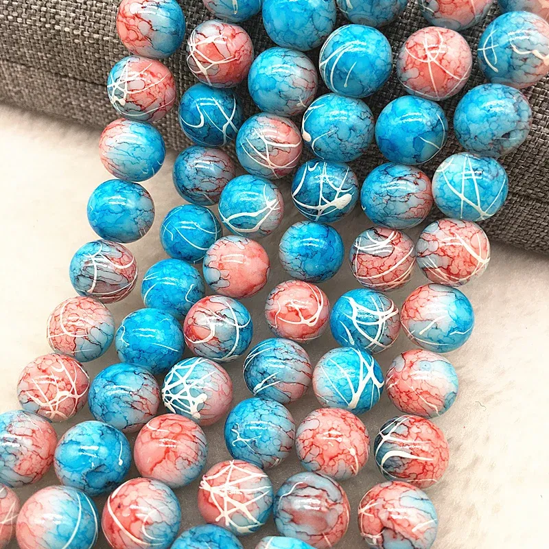 Color: Burgundy, Item Diameter: 6mm - Wholesale 4/6/8/10mm Glass Beads Round Loose Spacer Beads Pattern For Jewelry Making DIY Bracelet Necklace