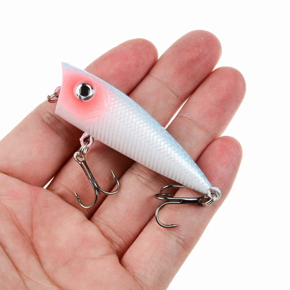 Color: Clear - 1pc Popper Fishing Lure 6cm/6.5g Hard Bait Artificial Topwater Bass Trout Pike Wobbler Fishing Tackle with 2 Treble Hooks