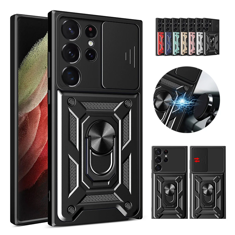 Material: leather, Color: Pink - Shockproof Armor Case For Samsung Galaxy S20 S21 S22 S23 S24 Plus Ultra FE With Car Magnetic Ring Holder Phone Cover