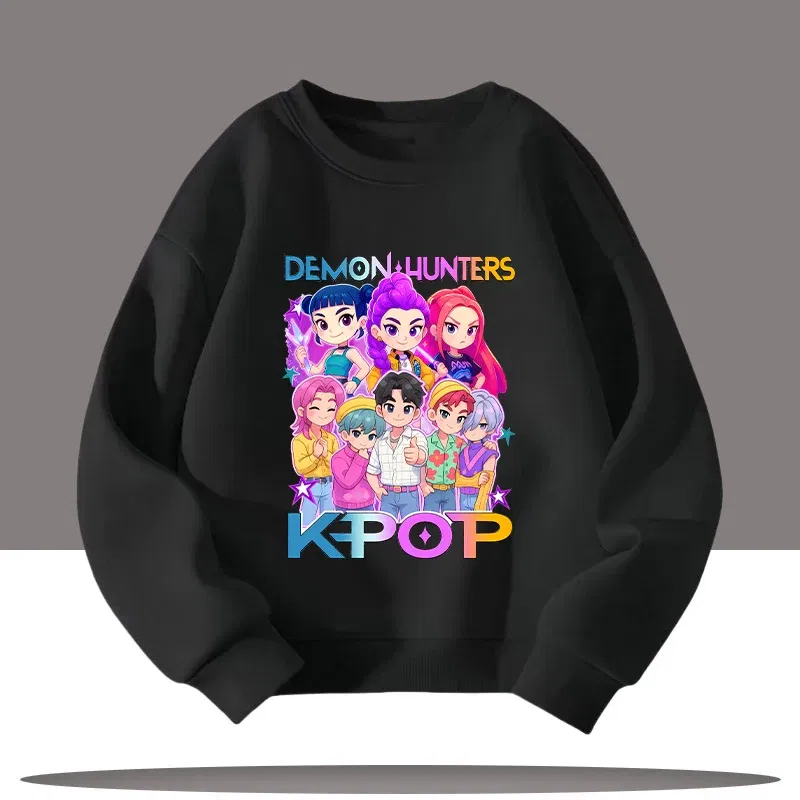 Color: army green, Kid Size: 10 - K-pop Demon Hunters Cartoon Print 3-12 Year Old New Style Kids Round-neck Sport Shirt Cute Girl Casual Top Children's Clothing