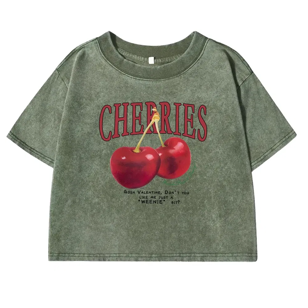 Color: SKY BLUE, Size: XXL - Red Cherries Letter Printed Female T-shirt Fashion Summer Washed Clothing Casual Cotton Crop Top Retro Tee Shirts For Women