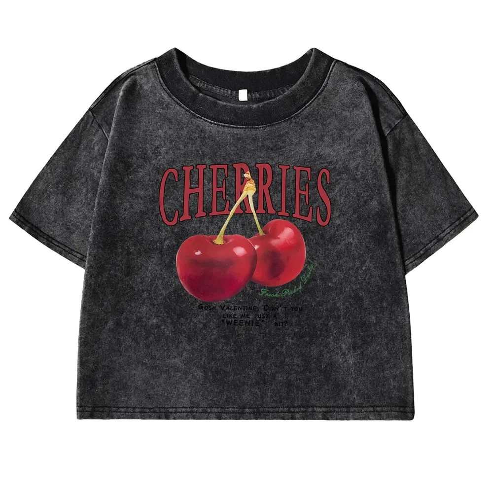 Color: SKY BLUE, Size: XXL - Red Cherries Letter Printed Female T-shirt Fashion Summer Washed Clothing Casual Cotton Crop Top Retro Tee Shirts For Women