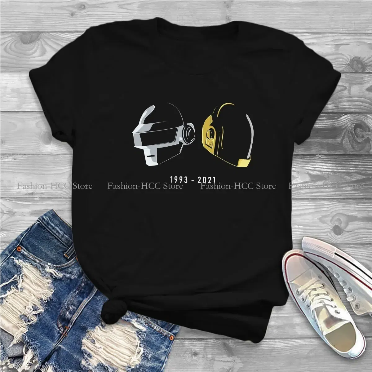 Color: black, Size: S - Daft Punk Electronic Music Band Polyester TShirts Tribute Helmet Art Essential Distinctive Women's T Shirt Hipster Tops