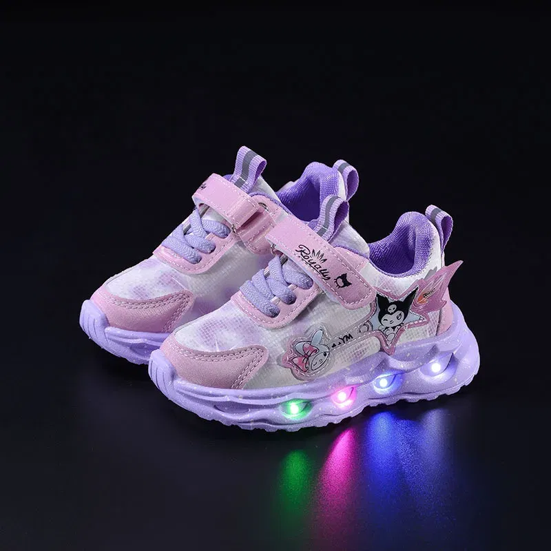 Color: PURPLE, Shoe Size: 19 - Kids'Casual Shoes Girls Led Light Cartoon PU Leather Spring Fashion Flat Bottom Anti-slip Soft Bottom Pink Purple Size 21-30