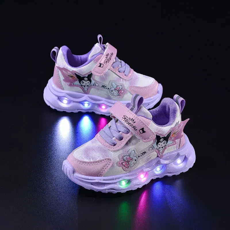 Color: PURPLE, Shoe Size: 19 - Kids'Casual Shoes Girls Led Light Cartoon PU Leather Spring Fashion Flat Bottom Anti-slip Soft Bottom Pink Purple Size 21-30