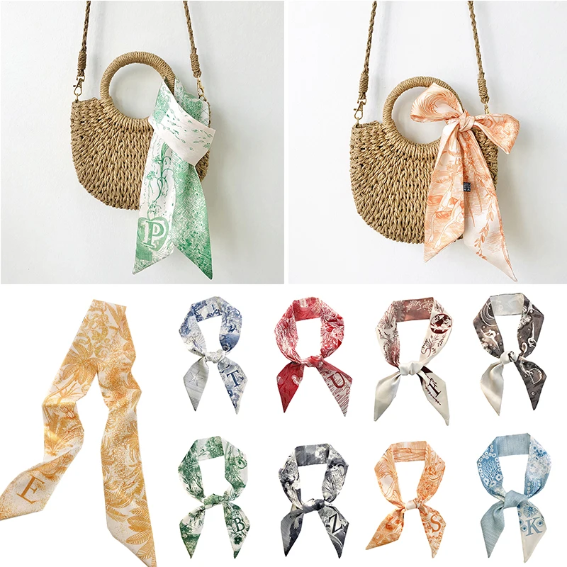 Color: Red - Sketch Style 26 Letters Temperament Small Scarf Long Silk Scarf Hair Band Narrow Headband Hair Tie Bag Handle Hair Accessories