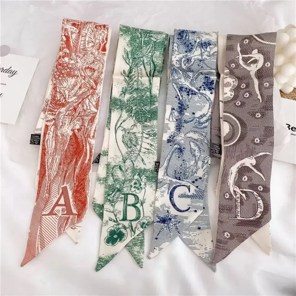 Color: Red - Sketch Style 26 Letters Temperament Small Scarf Long Silk Scarf Hair Band Narrow Headband Hair Tie Bag Handle Hair Accessories