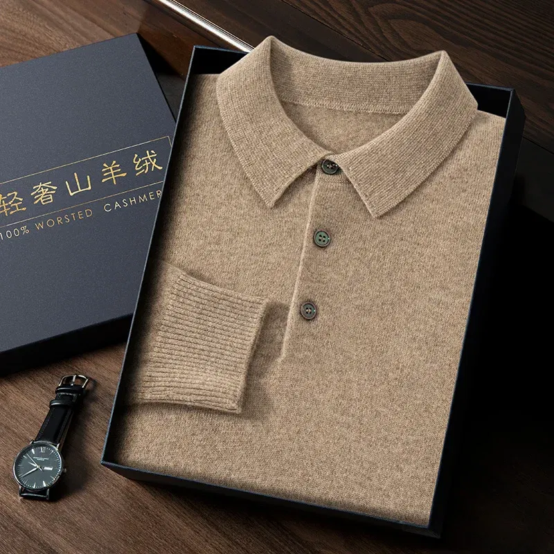 Color: Khaki, Size: XL - High Quality Men's 100% Cashmere POLO Collar Pullover Soft Elastic Autumn Winter Business Casual Solid Color Knitted Sweater
