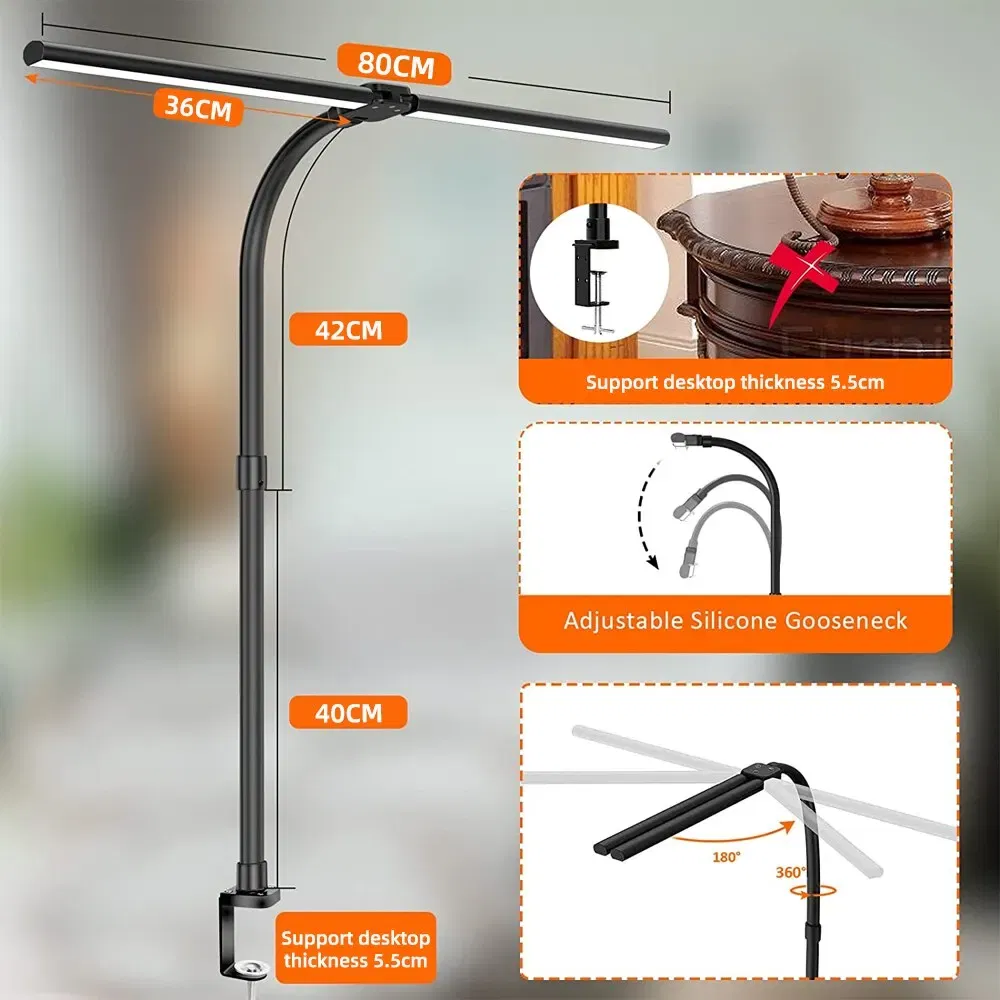 Body Color: Beige, Color: WHITE - Double Head LED Clip Remote Control Desk Lamp Architect Table Lamp for Home Office Lighting 5 Color Modes and 5 Dimmable
