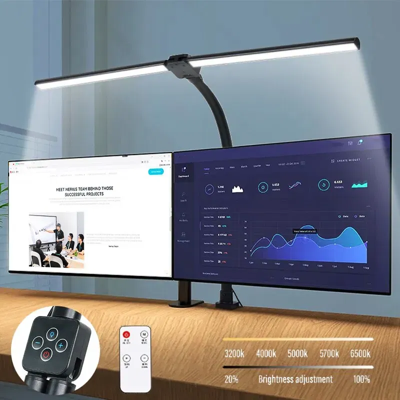 Body Color: Beige, Color: WHITE - Double Head LED Clip Remote Control Desk Lamp Architect Table Lamp for Home Office Lighting 5 Color Modes and 5 Dimmable