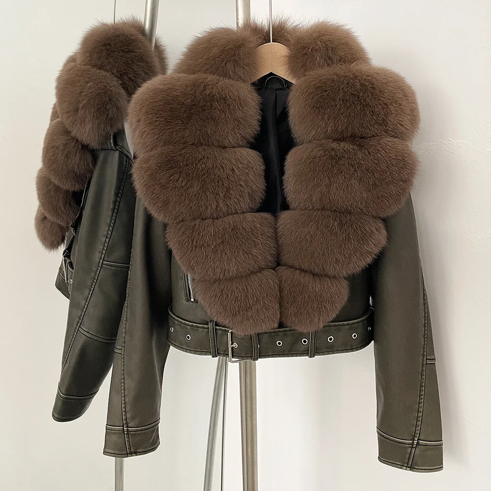 Color: Fuchsia, Size: M - Fake Leather Coat New Natural Fox Fur Autumn Short Faux Leather Jacket Female Spring PU Women Long Sleeve Real Fur Coat Thin