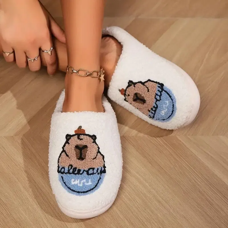 Color: Straw, Shoe Size: 3.5 - Casual Fluffy Slippers Women House Flat Cute Cartoon Designer Platform Winter Shoes Girls Home Fashion Popular Footwear Big Size