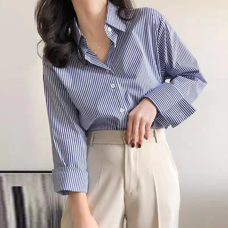 Color: Blue, Size: M - Classic Striped Woman Spring Autumn Blouses Shirt Lady Long Lantern Sleeve Stand Collar Loose Blusas Tops