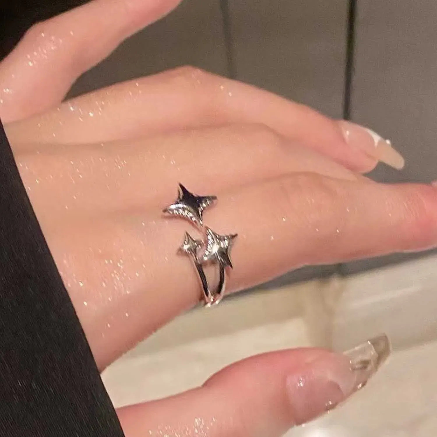 Main Stone Color: Silver - 2025 New Korean Silver Color Four Pointed Star Rings For Women Simple Y2k Cross Star Opening Adjustable Finger Ring Jewelry Gift