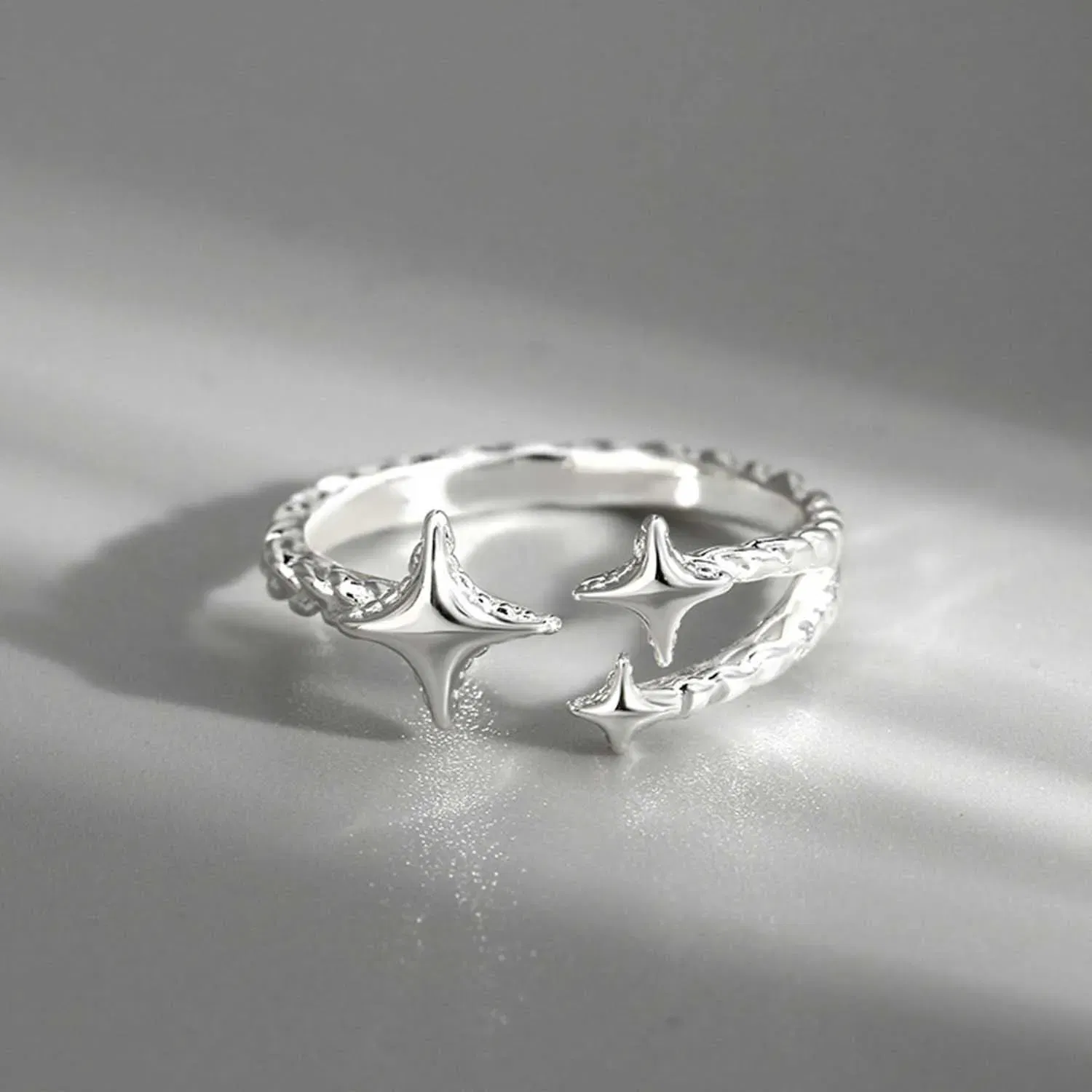 Main Stone Color: Silver - 2025 New Korean Silver Color Four Pointed Star Rings For Women Simple Y2k Cross Star Opening Adjustable Finger Ring Jewelry Gift