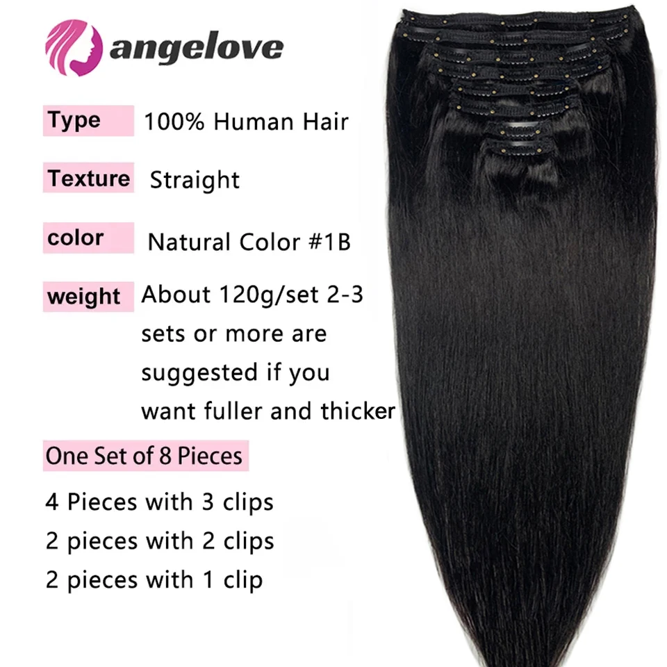 Color: Pink, Stretched Length: 20inches, Life Span: 6 Months With Proper Care, Weight Per Package: 100g/Set - Straight Clip In Hair Extension Human Hair 120g/Set Straight Clip In Extension Full Head Brazilian Clip Hair Extension for Women