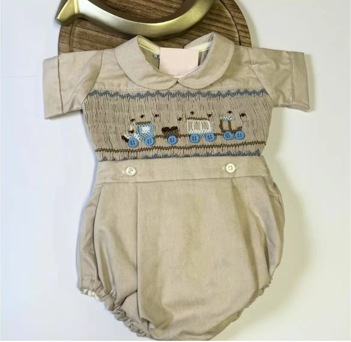 Kid Size: 12M - 0-6Y Baby Boy Summer Short Sleeves Green Handmade Embroidery Smocked Outfit Suit for Party Birthday Holiday A179