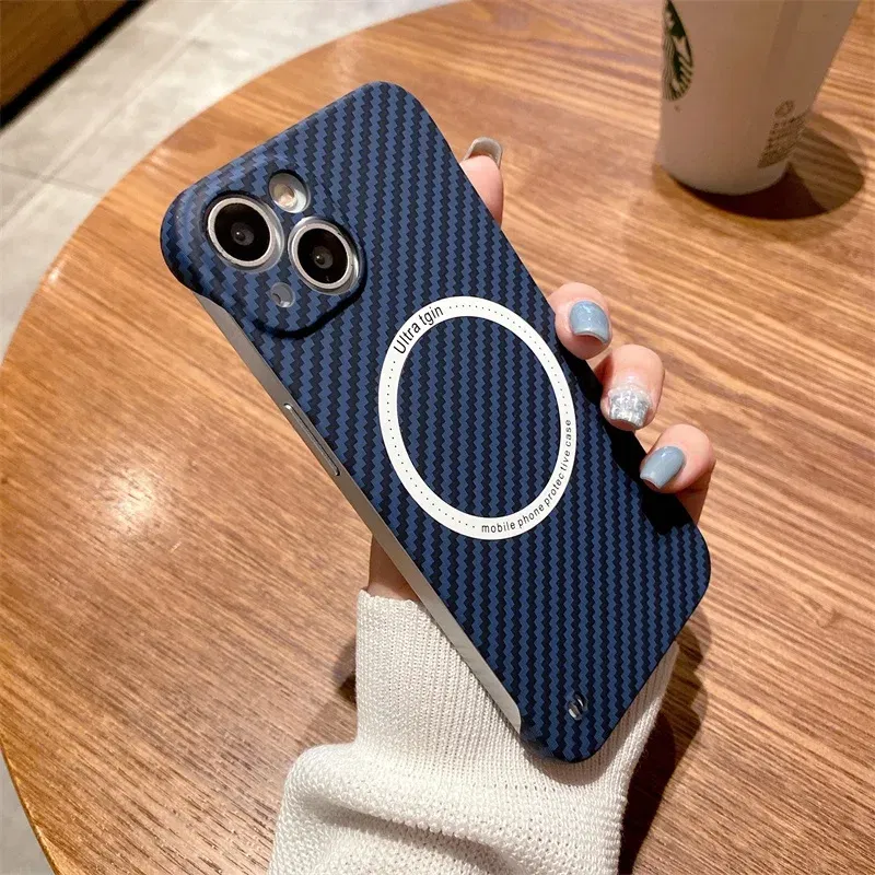 Color: Blue, Material: Plastic - Luxury Carbon Fiber for iPhone 11 14 Plus 12 13 Pro Max Magsafe Case Magnetic Wireless Hard Thin Slim Cover for iPhone 13 14 Max