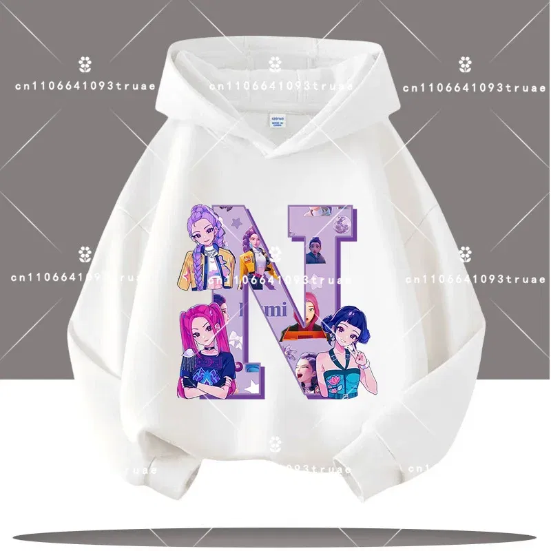 Color: Khaki, Kid Size: 7 - K-pop Demon Hunters Letter A-Z 3-12 Year Old Children Hooded Sweatshirt Girls' Casual Shirt Boys' Sports Shirt Cartoon Print
