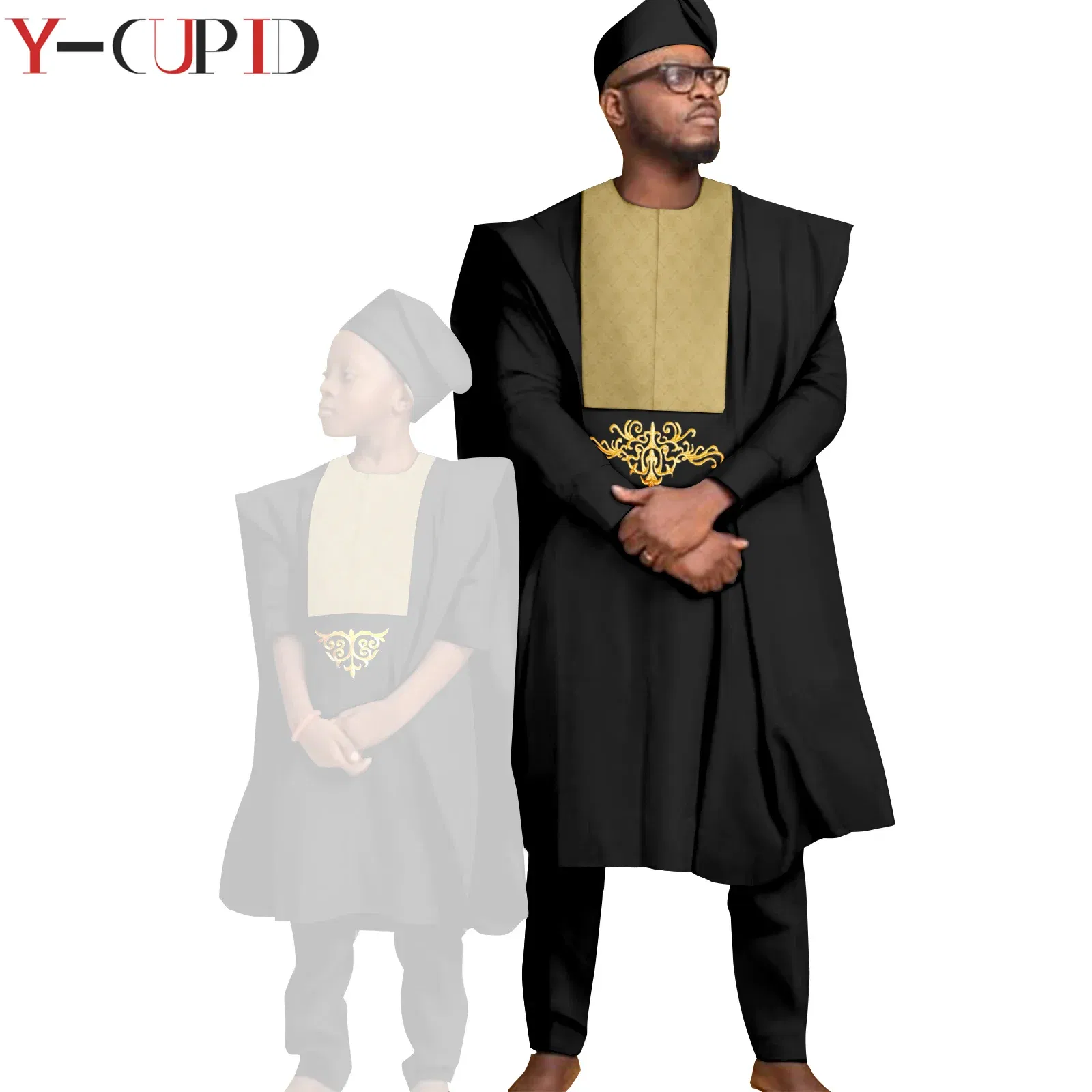 Color: WHITE, Size: M - African Clothes for Men Top Pants Robes Hat Sets Match Kid Boy Sets Dashiki Father and Son Bazin Riche Family Outfits Y20F001