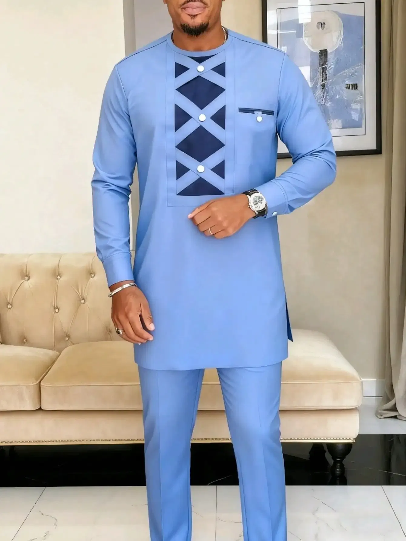 Color: Brown, Size: M - New Men's Tenos Wedding 2-Piece Suit Waist Pants Shirt Solid Color Panel Long Sleeve Party African Ethnic Style Clothing (M-4XL)