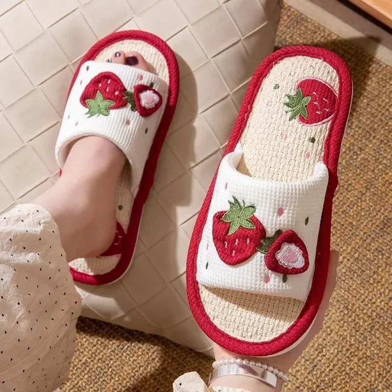 Shoe Size: 36-37, Color: Grape - Strawberry Linen Upper Sweet Home Girl's Soft Soles Silent Non-slip Floor Slippers in Line with Human Bow Science Shoes Sandals