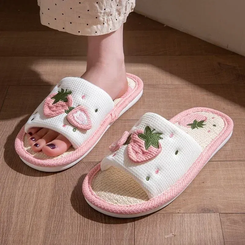 Shoe Size: 36-37, Color: Grape - Strawberry Linen Upper Sweet Home Girl's Soft Soles Silent Non-slip Floor Slippers in Line with Human Bow Science Shoes Sandals