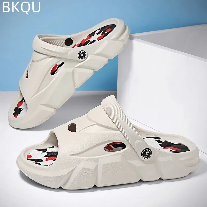 Color: Beige, Shoe Size: 40 - Men's Beach Slippers Round Toe Lightweight Flat Bottom Waterproof Comfortable Trend Versatile Breathable Non-slip Large Size