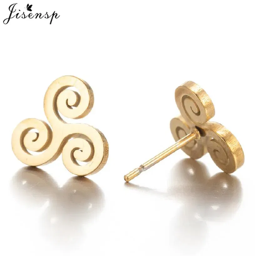 Metal Color: Pink, Main Stone Color: Green - Cartoon The Movie Teen Wolf Triskele Triskelion Inspired Earrings Punk Stainless Steel Jewelry Triple Spiral Ear Studs Women Men