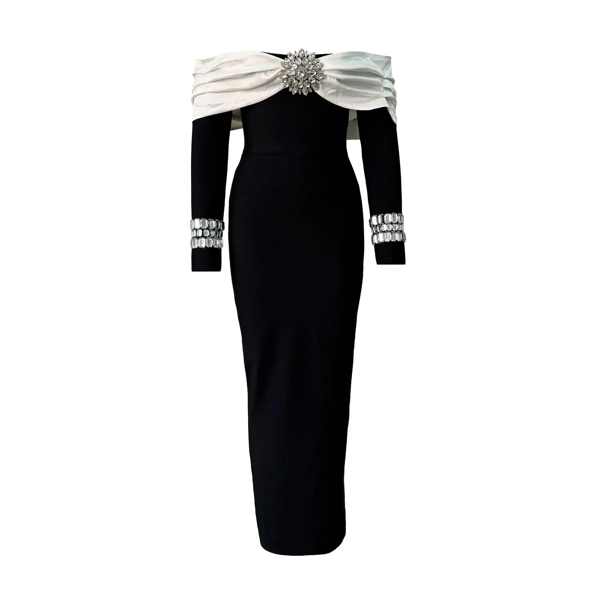 Color: black, Size: S - Women Beading Elegant Bandage Dress Sexy Off The Shoulder Long Sleeve Patchwork Clothing Club Party Celebrity Dresses