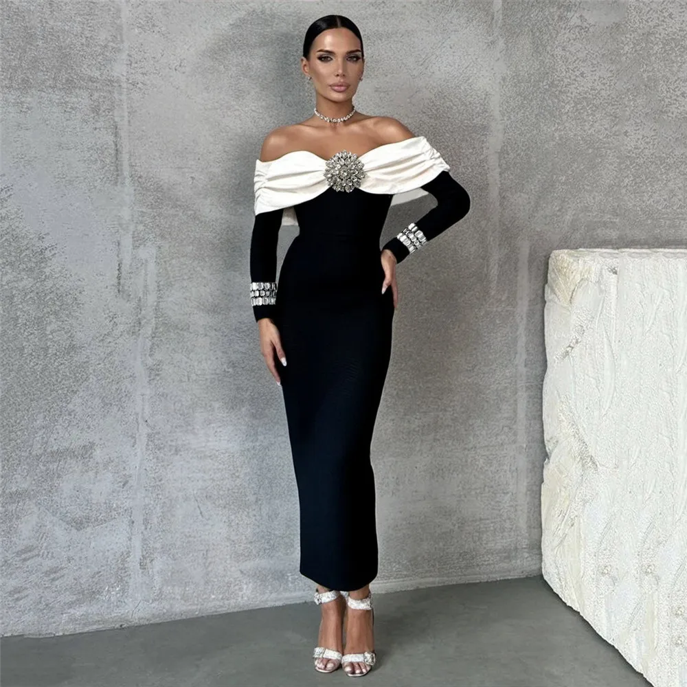 Color: black, Size: S - Women Beading Elegant Bandage Dress Sexy Off The Shoulder Long Sleeve Patchwork Clothing Club Party Celebrity Dresses