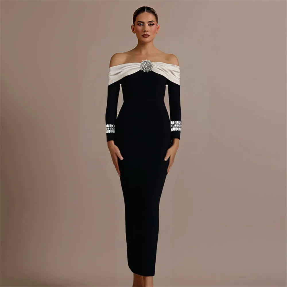 Color: black, Size: S - Women Beading Elegant Bandage Dress Sexy Off The Shoulder Long Sleeve Patchwork Clothing Club Party Celebrity Dresses