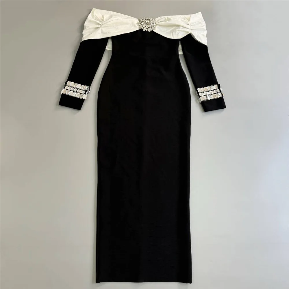 Color: black, Size: S - Women Beading Elegant Bandage Dress Sexy Off The Shoulder Long Sleeve Patchwork Clothing Club Party Celebrity Dresses