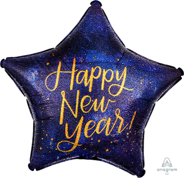 Foil Balloon - 45cm Standard Holographic Star Happy New Year Midnight