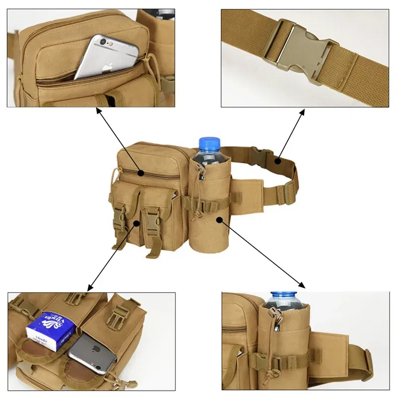 Color: Beige - 2024 New Waist Pack Tactical Nylon Hiking Water Bottle Phone Bag Outdoor Sports Hunting Climbing Camp Belt Bag