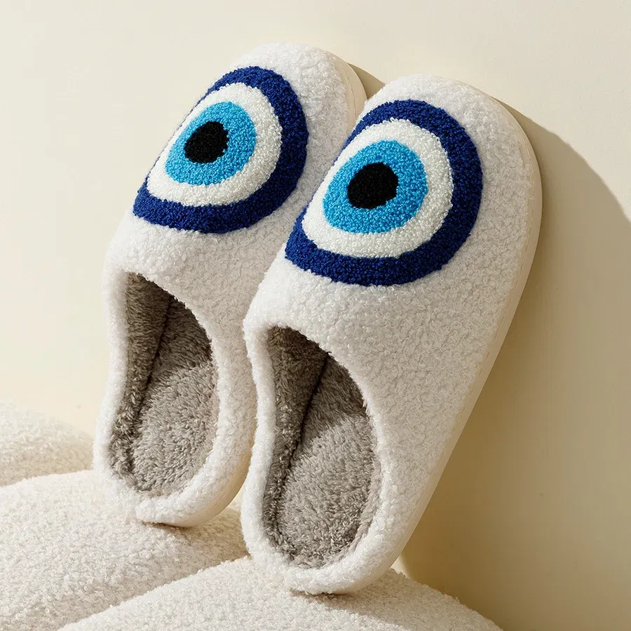 Color: WHITE, Shoe Size: 3.5 - Evil Eyes Blue Embroidery slippers High Quality Women Men Slippers Fashion Pattern Shoes Warm Home Devil's Eyes Houseshoes