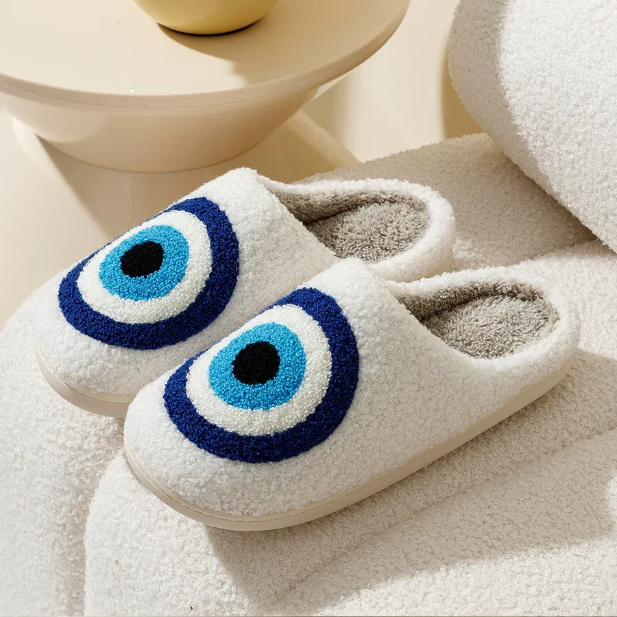 Color: WHITE, Shoe Size: 3.5 - Evil Eyes Blue Embroidery slippers High Quality Women Men Slippers Fashion Pattern Shoes Warm Home Devil's Eyes Houseshoes